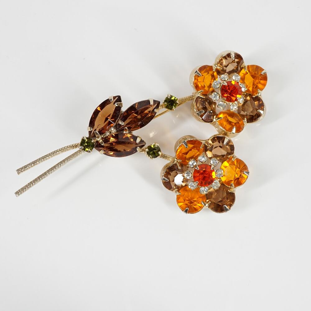 Vintage Double Flower Spray Brooch Pin Brown Orange Marquise Rhinestone Fall